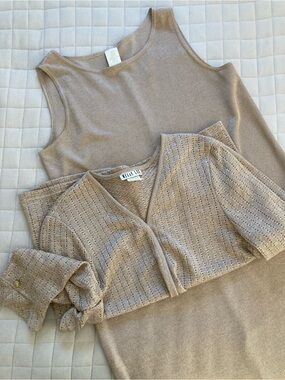 Megan Lee Women’s Tan Midi Dress with Knit Cardigan